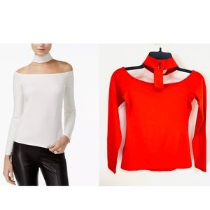 Guess Off-Shoulder Long Sleeve Top - White and Red